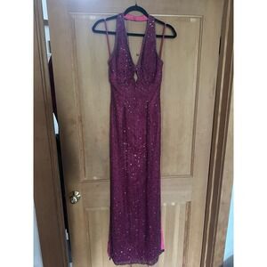 Vintage SCALA Womens Pink Beaded Sequin 100% Silk Formal Dress Gown Size Small